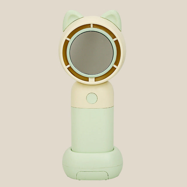 Cooling portable handheld bladeless fan with built-in mirror and rechargeable battery dock