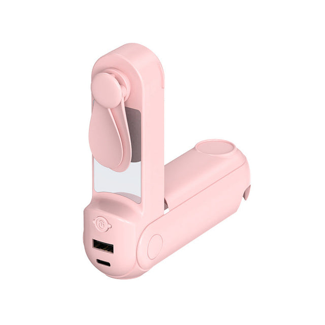 Unisex nan foldable handheld fan with built in USB power bank and compact mirror