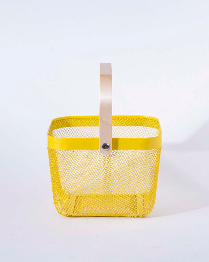 Square Metal Storage Basket with Wooden Handle - Yellow - Set of 2