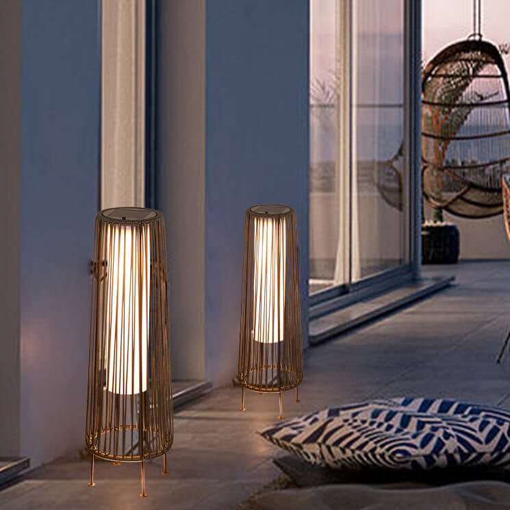 Modern Minimalist Solar Waterproof Round Vertical Pull Strip Iron Rattan LED Standing Floor Lamp For Outdoor Patio |