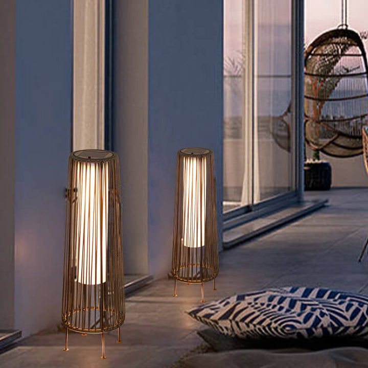 Modern Minimalist Solar Waterproof Round Vertical Pull Strip Iron Rattan LED Standing Floor Lamp For Outdoor Patio |