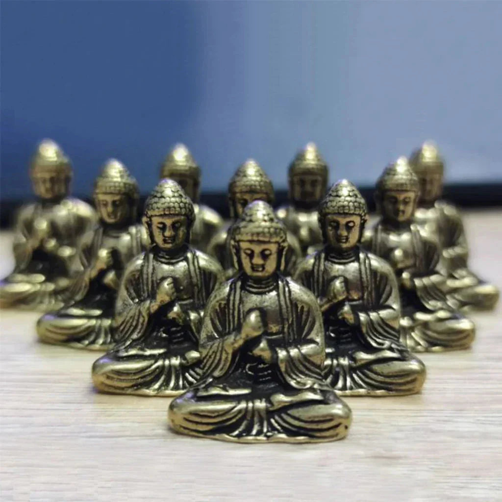10 piece Miniature Brass Sitting Buddha Statue Figure for Travel Buddhism Worship Home Office Desk Decoration