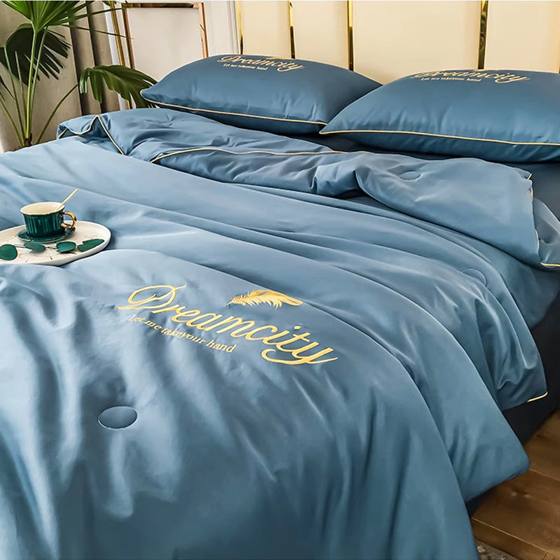 Bedding Set Blue Silk Cooling Summer Quilt