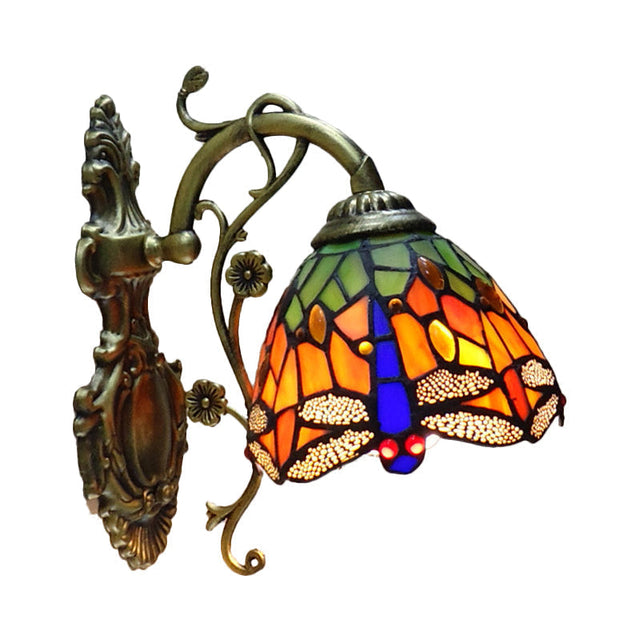 Hand-cut Glass Dragonfly Wall Lamp Tiffany Style 1 Light Wall Mounted Light Fixture with Carved Backplate