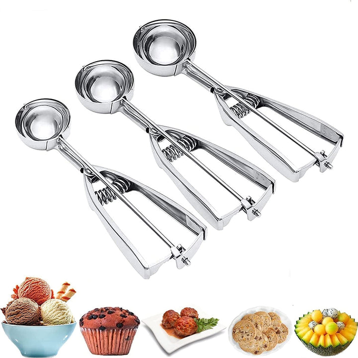 3-Piece Set: Stainless Steel Cookie Scooper with Trigger