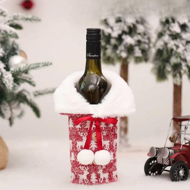 Christmas bottle cover with fur collar – festive cover for wine bottles, gnome decoration for Christmas, perfect as gift wrapping |