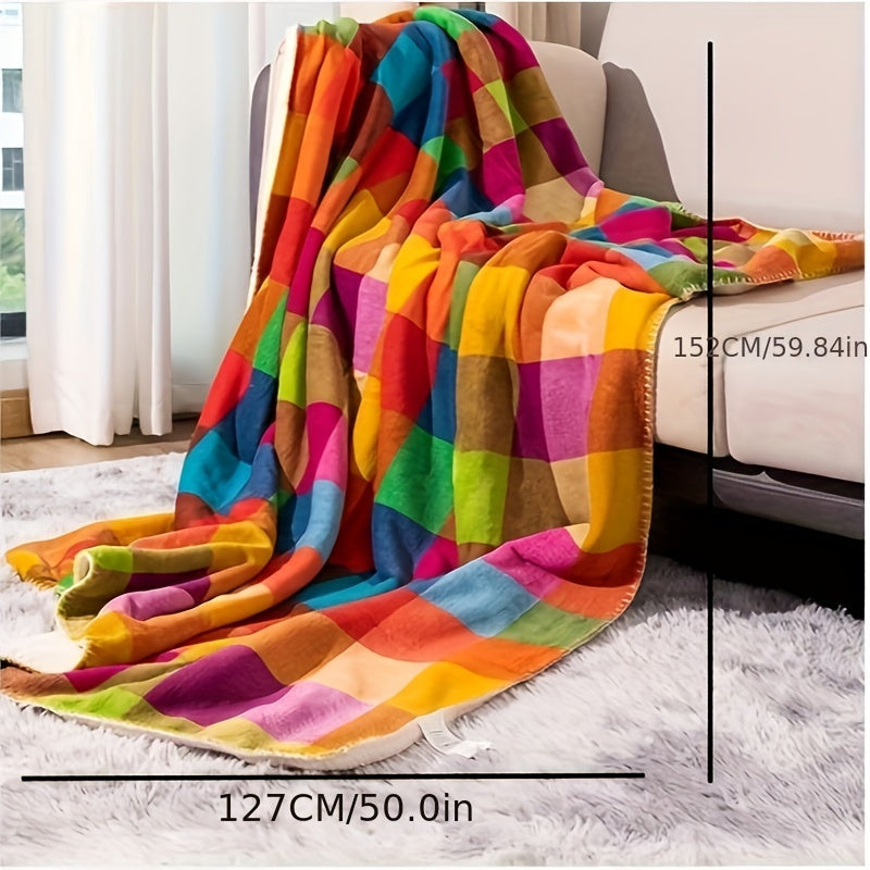 Coral fleece blanket – Reversible thick Sherpa blanket with a colourful checkered pattern