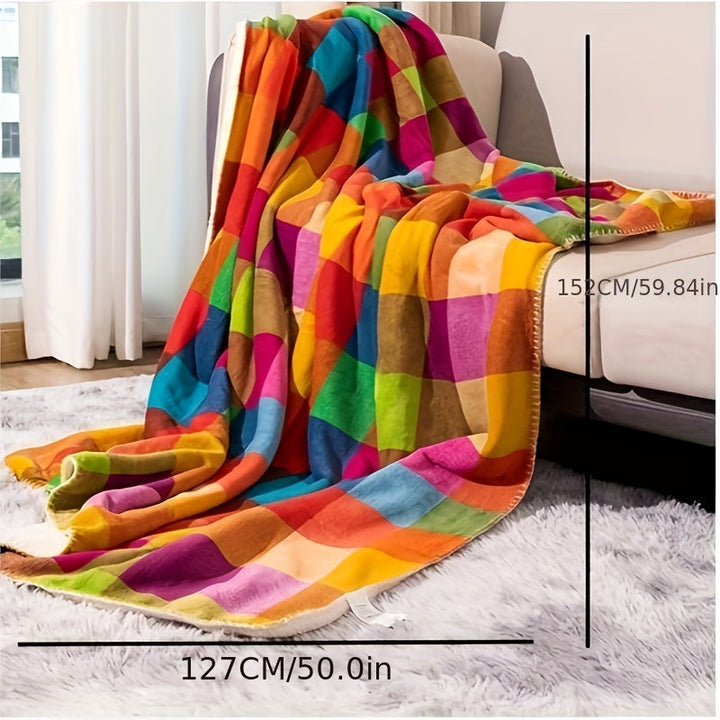 Coral fleece blanket – Reversible thick Sherpa blanket with a colourful checkered pattern