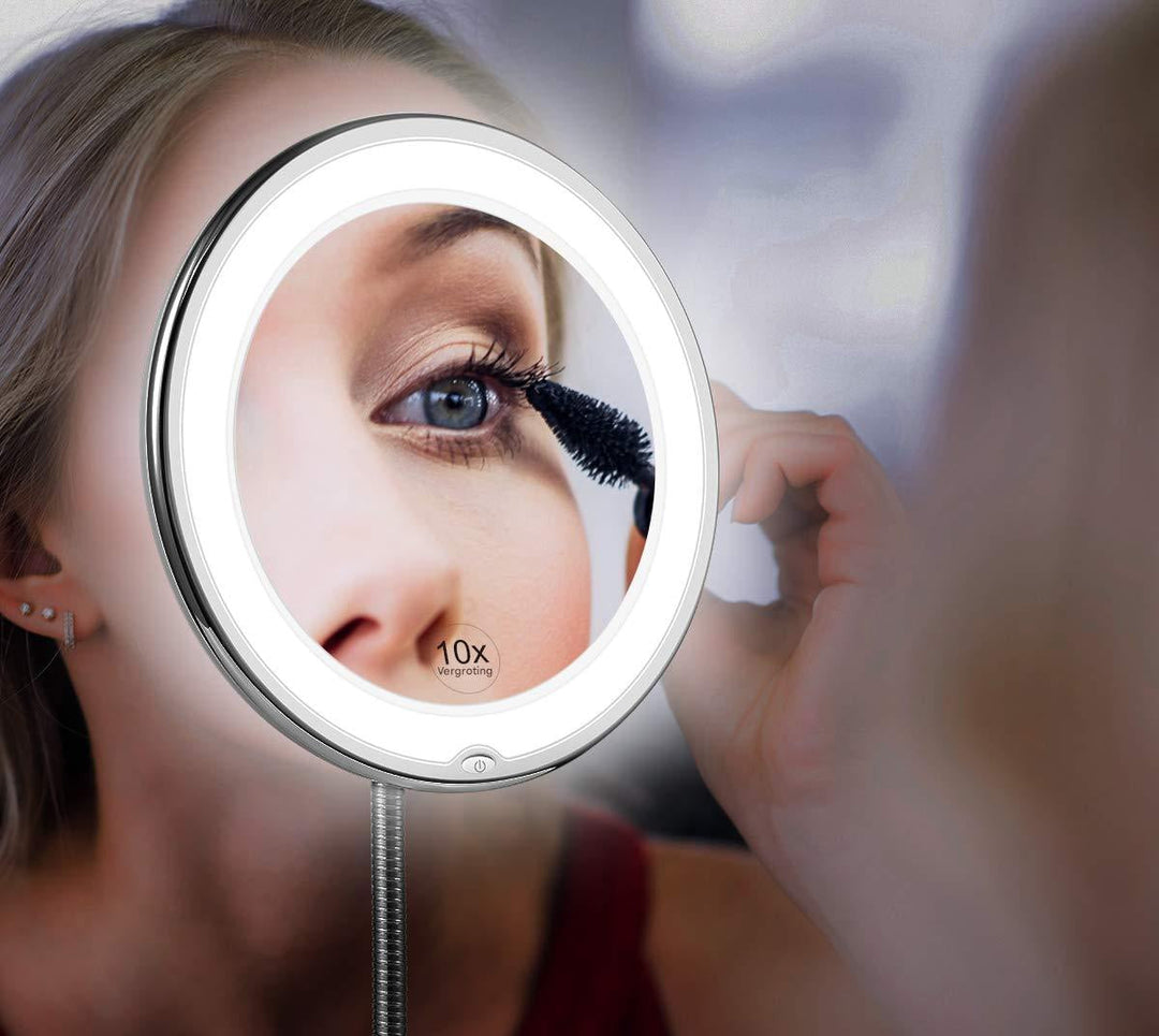 Claravue LED Magnifying Mirror with Flexible Gooseneck – 10x Zoom, Daylight LEDs &amp; Suction Mount