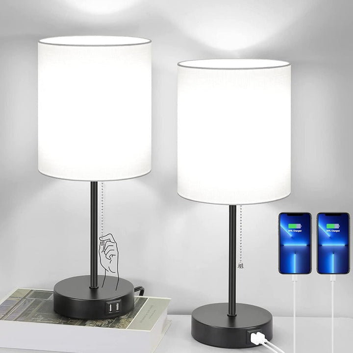 Table lamp set of 2 with USB charging ports, gray bedside lamps with AC outlet, bedside lamps with pull switch, minimalist modern desk lamps with fabric shade for living room bedroom office