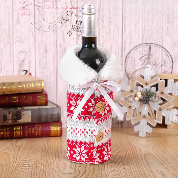 Christmas bottle cover with fur collar – festive cover for wine bottles, gnome decoration for Christmas, perfect as gift wrapping |