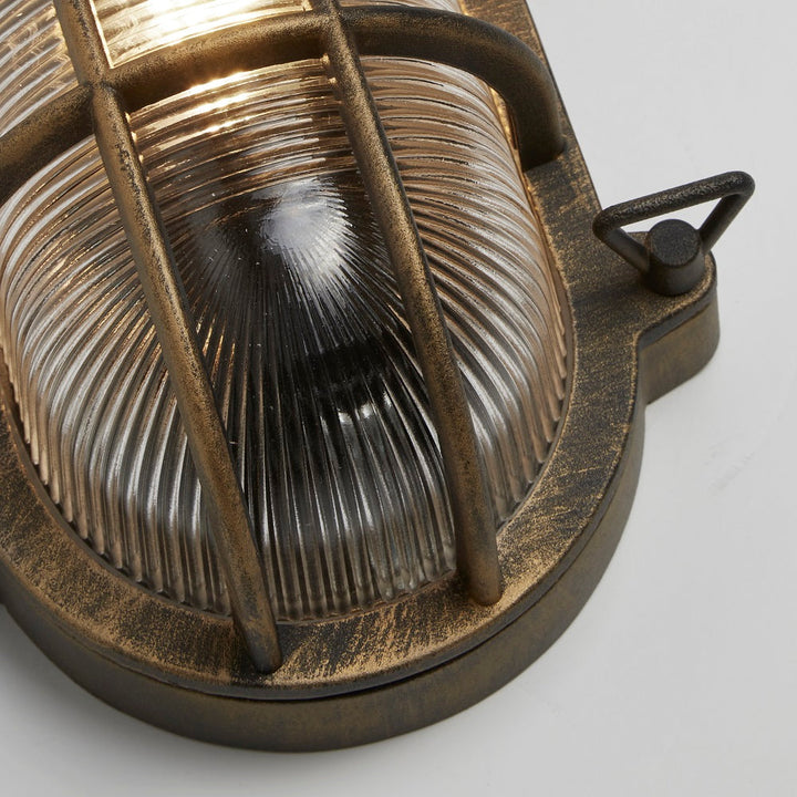 Antique Brass &amp; Ribbed Glass Outdoor Vintage Oval Surface Lights Wall Lamp 248mm