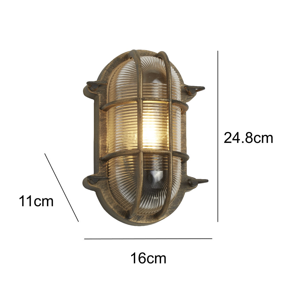 Antique Brass &amp; Ribbed Glass Outdoor Vintage Oval Surface Lights Wall Lamp 248mm