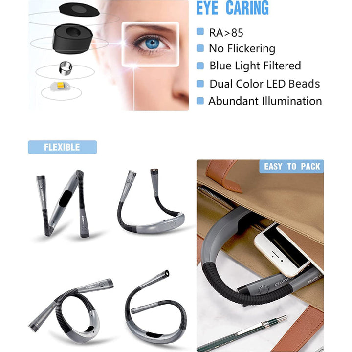 LED Neck Reading Lamp, Book Light for Reading in Bed, 3 colors, 6 Brightness Levels, Flexible Arm, Rechargeable, Durable, Perfect for Reading, Knitting, Camping, Repairing