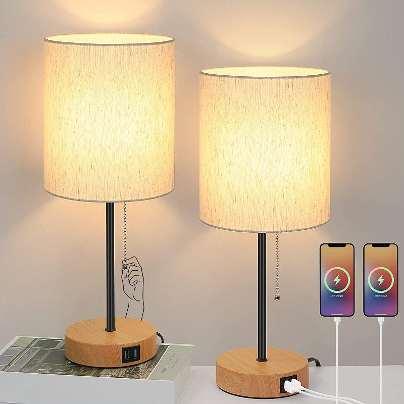 Table lamp set of 2 with USB charging ports, gray bedside lamps with AC outlet, bedside lamps with pull switch, minimalist modern desk lamps with fabric shade for living room bedroom office