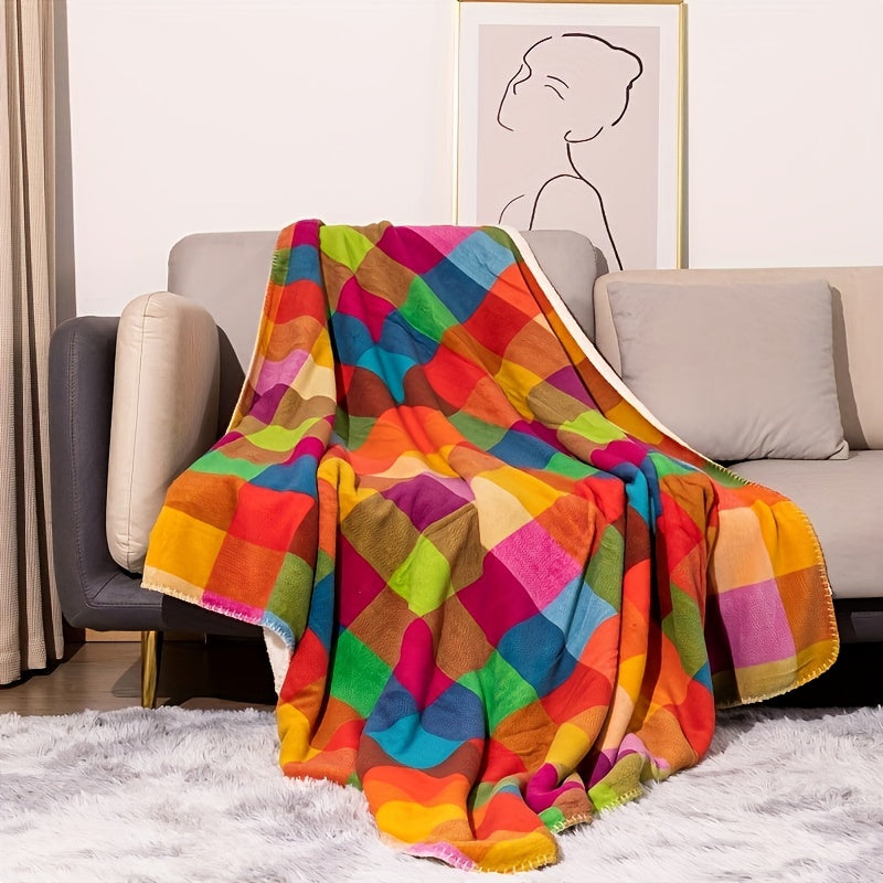 Coral fleece blanket – Reversible thick Sherpa blanket with a colourful checkered pattern