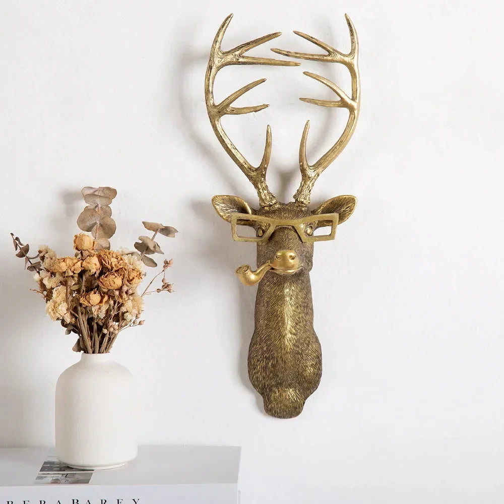 Antique Bronze Resin Animal Pendant Golden Deer Head Wall Storage Hook Background Wall Accessories Decorative Figures