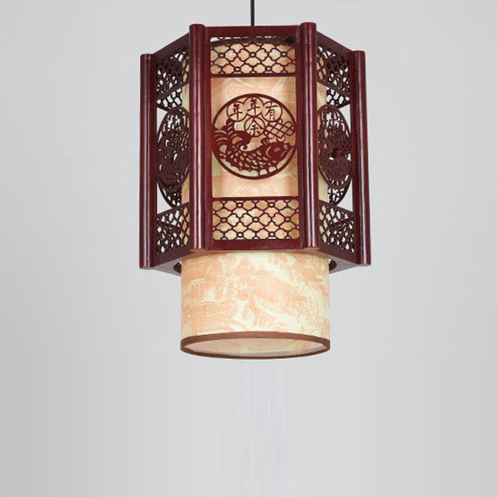 Traditional Chinese Wood-PVC Cylinder Lantern Carved Fish 1-Light Pendant Lamp for the Dining Room