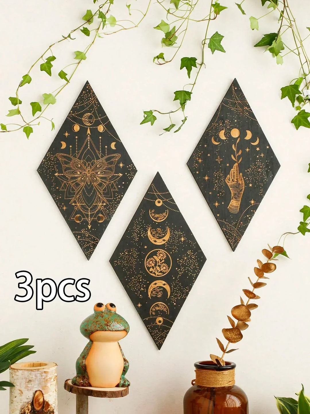 Black Moon Phases Wooden Wall Decoration Rhombus Wall Art Boho Home Decor Witch Tapestry Decoration Room Decor Aesthetic Gift