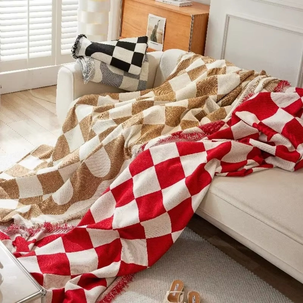 Chess Board Chic Tasseled Sofa Cover