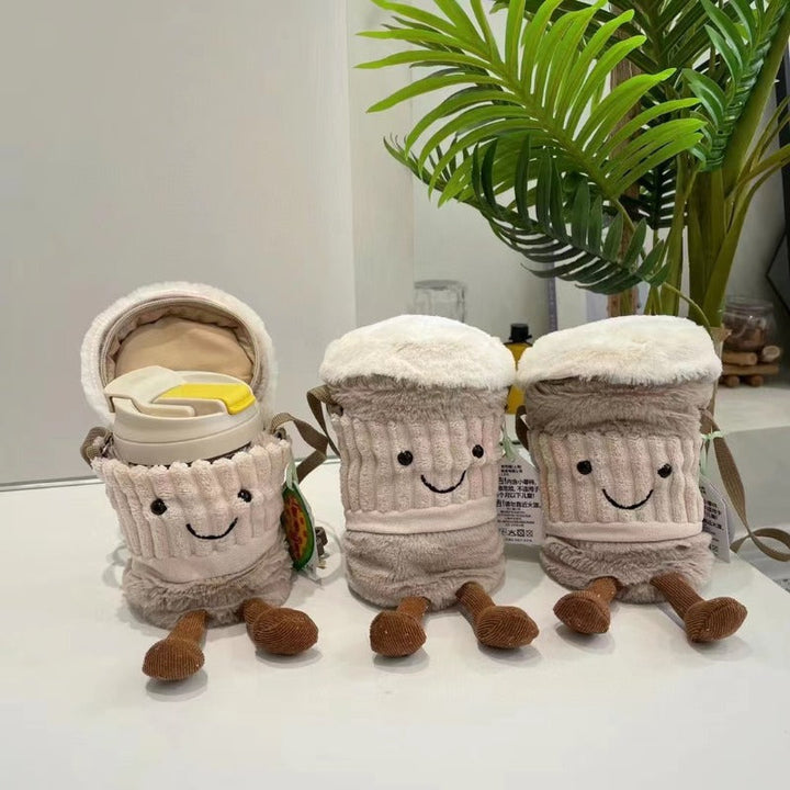 Cute happy coffee cup holder plush bag