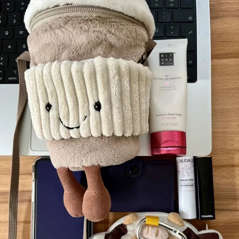 Cute happy coffee cup holder plush bag