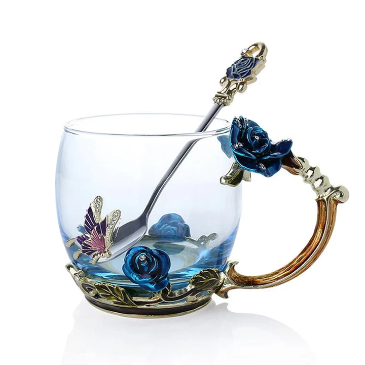 Handcrafted Enamel Coffee Mugs Rose-Glass Tea Cup with Steel Spoon Luxury Unique Gifts for Wedding Valentine&