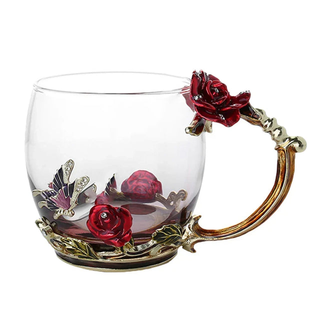 Handcrafted Enamel Coffee Mugs Rose-Glass Tea Cup with Steel Spoon Luxury Unique Gifts for Wedding Valentine's Day Birthday Gifts