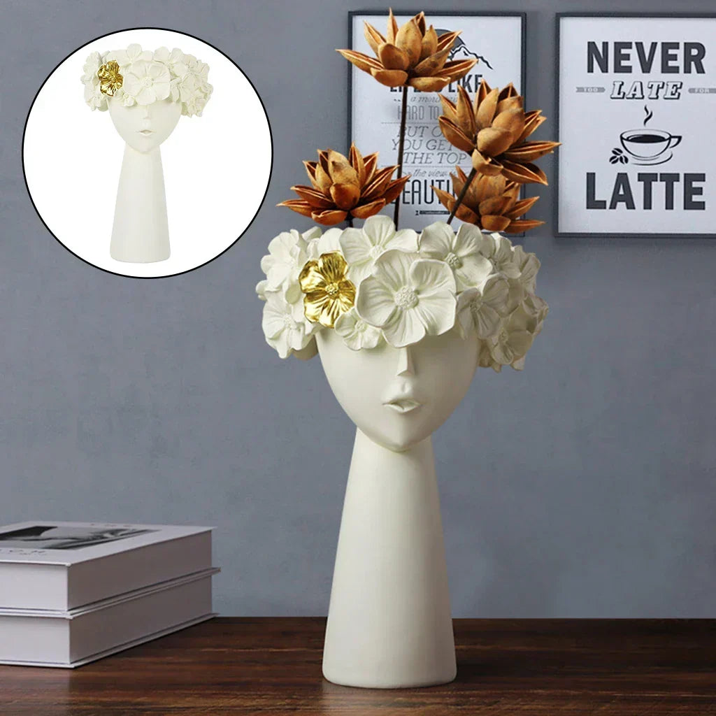 Nordic Girl Head Flower Resin Vase Statue Flower Vases for Office Desktop Dried Flowers Ornaments Decor Container