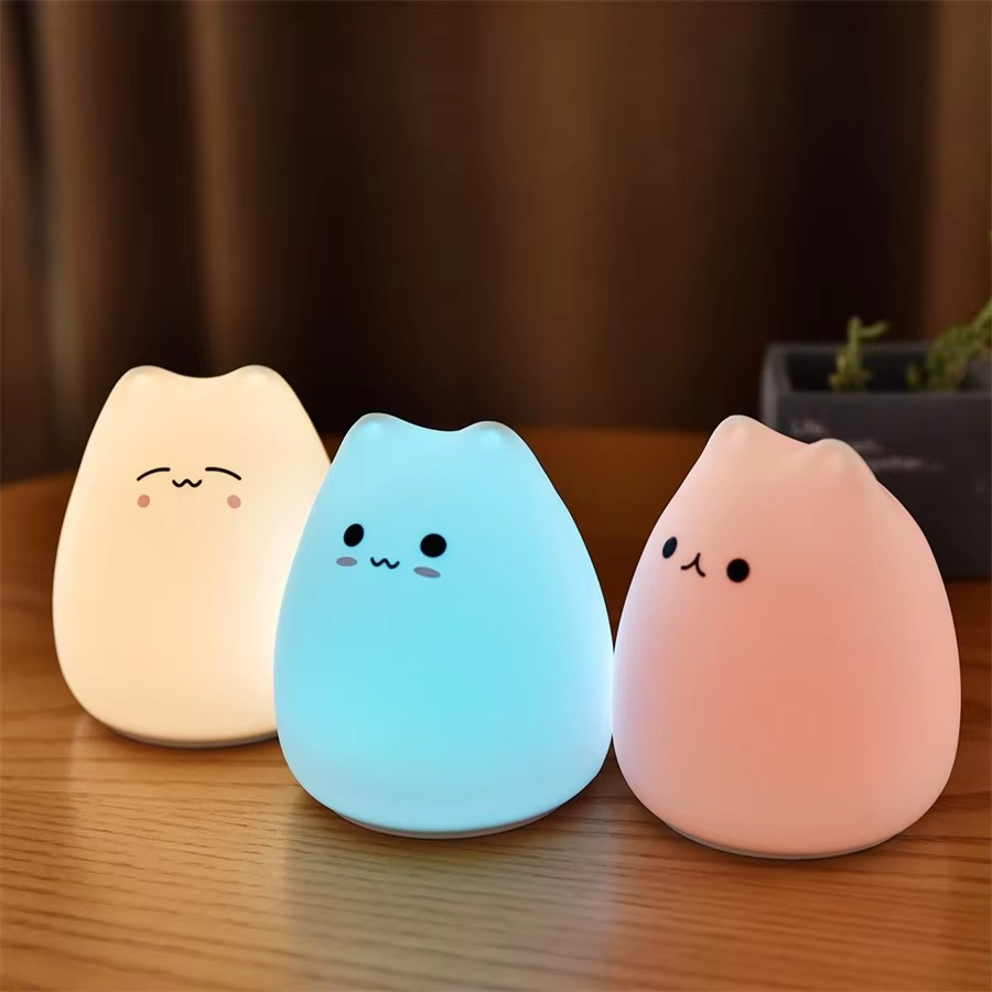 Charming Cat Silicone Night Light with 7-color Touch Sensor