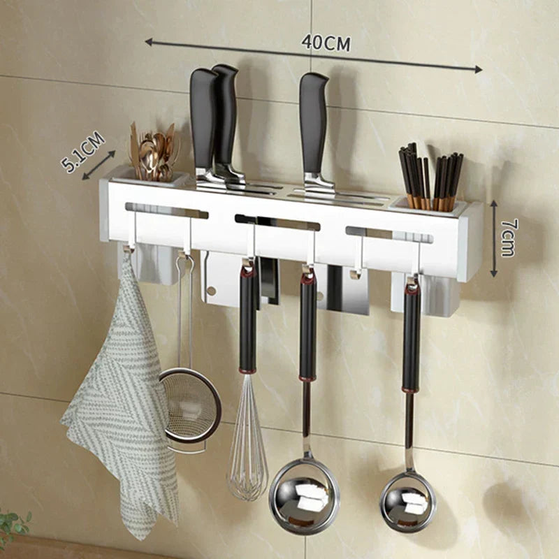 Organize Your Kitchen: Stainless Steel Wall-Mounted Knife Holder Shelf - Nail-Free Storage Shelf with Hooks for Cutlery - Cabinet Organizer for a Tidy Kitchen