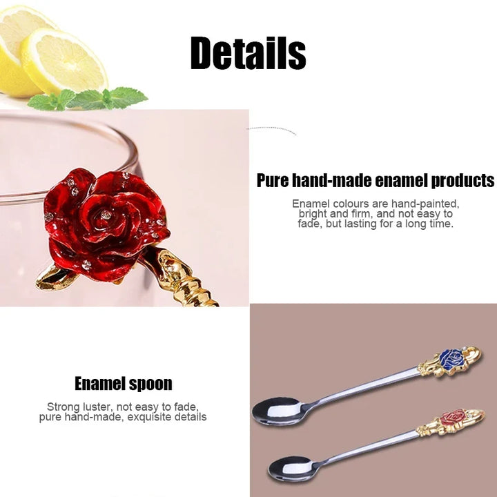 Handcrafted Enamel Coffee Mugs Rose-Glass Tea Cup with Steel Spoon Luxury Unique Gifts for Wedding Valentine&
