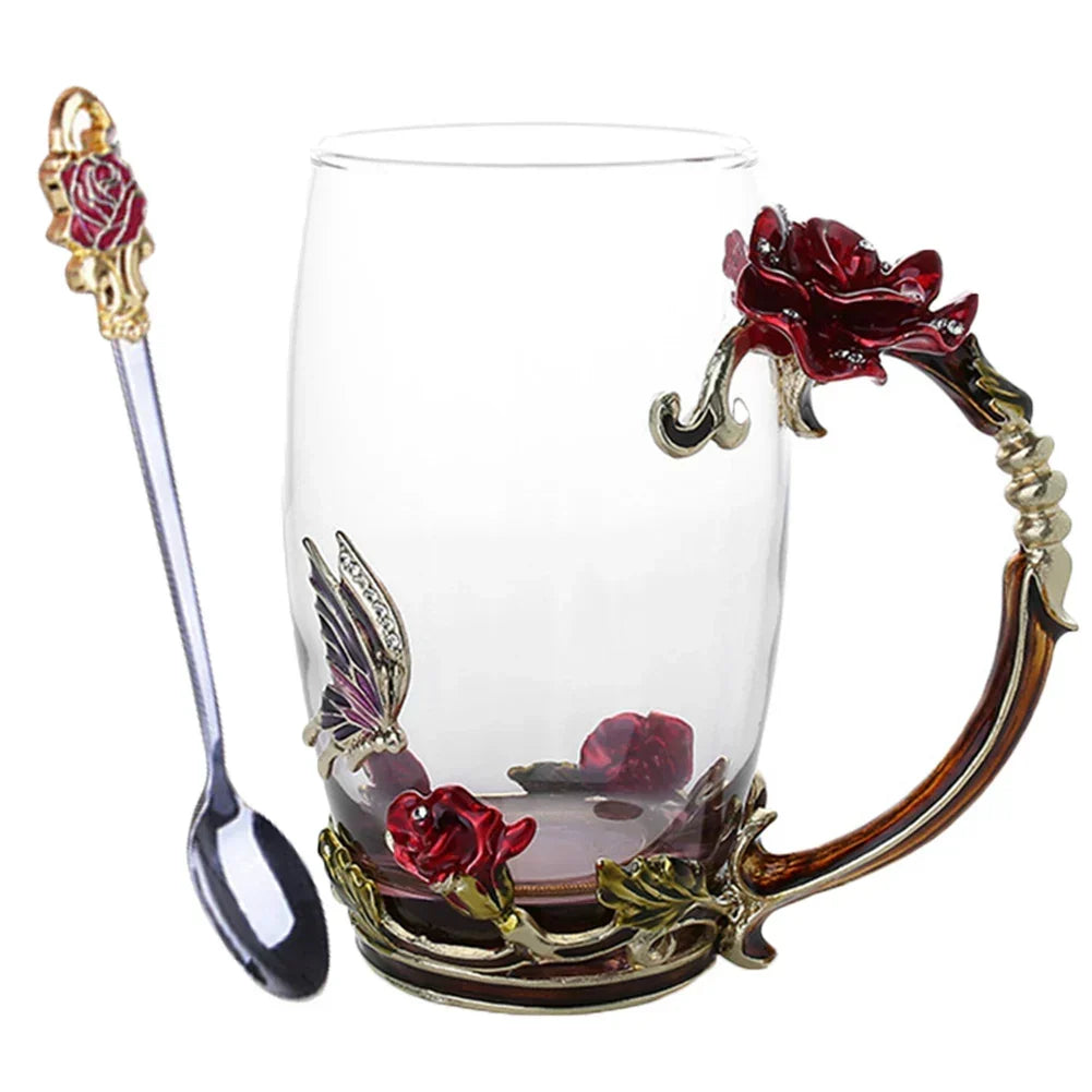 Handcrafted Enamel Coffee Mugs Rose-Glass Tea Cup with Steel Spoon Luxury Unique Gifts for Wedding Valentine&