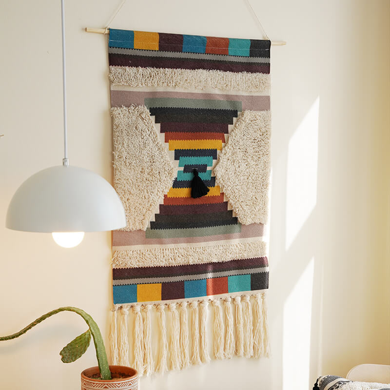 Handwoven geometric pattern tassel wall hanging