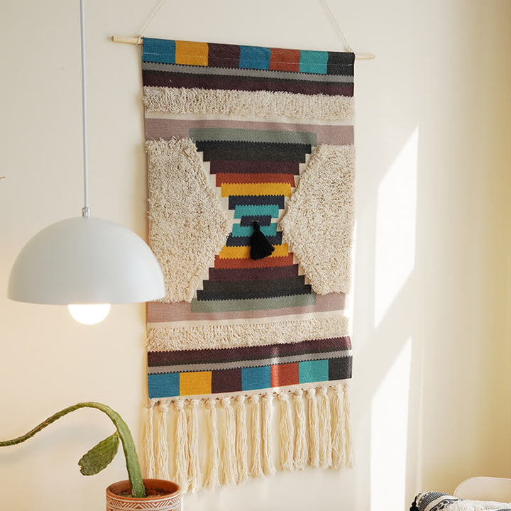 Handwoven geometric pattern tassel wall hanging