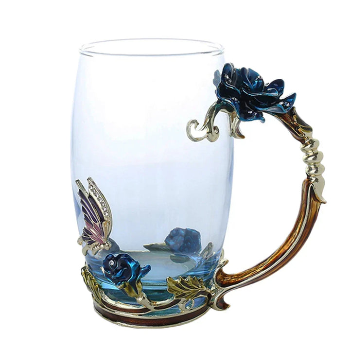 Handcrafted Enamel Coffee Mugs Rose-Glass Tea Cup with Steel Spoon Luxury Unique Gifts for Wedding Valentine&