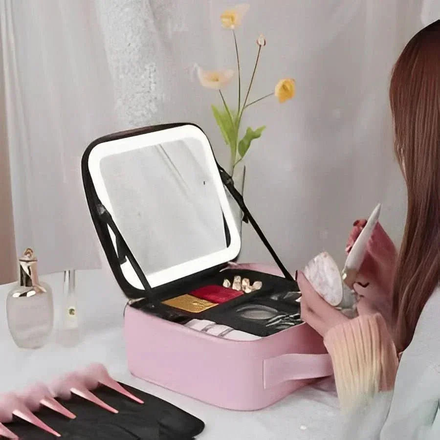 Make-up bag with LED mirror - Portable make-up bag with light &amp; storage space for perfect styling on the go