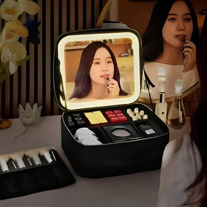 Make-up bag with LED mirror - Portable make-up bag with light &amp; storage space for perfect styling on the go