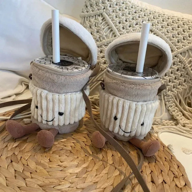 Cute happy coffee cup holder plush bag