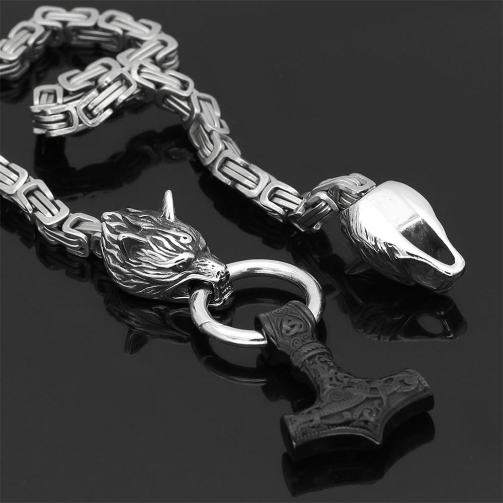 60–90 cm Stainless Steel Double Wolf Head &amp; Mjolnir Survival Spirit Necklace/Bracelet