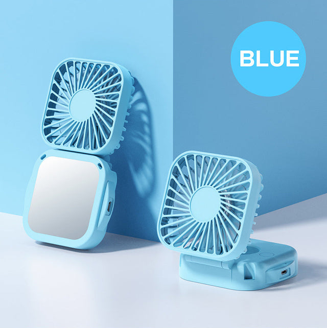 Unisex nan compact foldable clip on handheld desk fan with built in mirror adjustable tilt and USB rechargeable battery