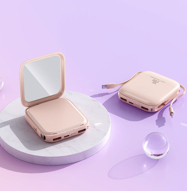 Portable power bank with integrated mirror and multifunctional charging cable