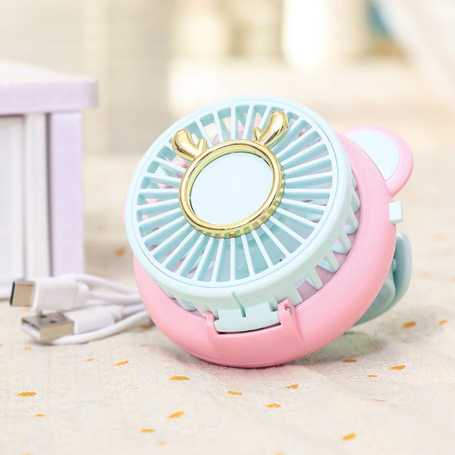 Women's Portable Mini Fan with Integrated Mirror and Spray Function