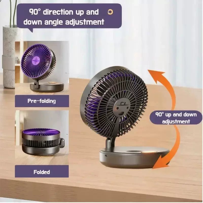 Unisex one size compact folding rechargeable USB Type C desk fan with adjustable tilt angle and integrated LED night light