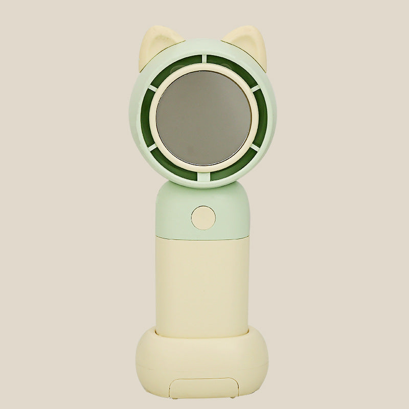 Cooling portable handheld bladeless fan with built-in mirror and rechargeable battery dock