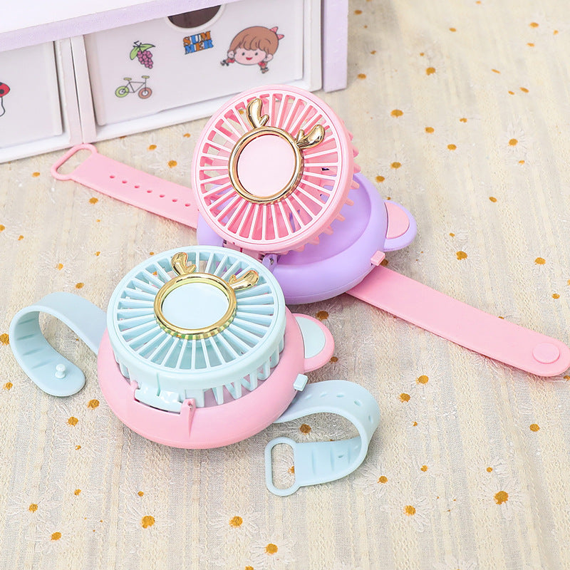 Ladies portable hand fan with integrated mirror and cute animal design