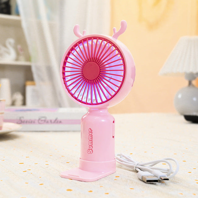 Ladies portable USB mini fan with LED night light folding stand and cute design
