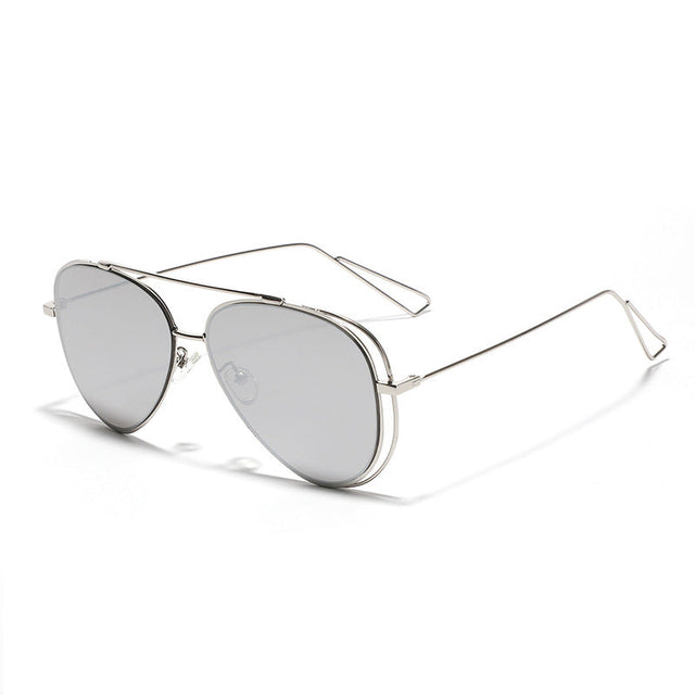 Women's retro aviator sunglasses with silver metal frame and mirrored lenses