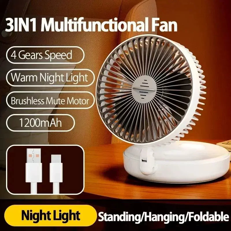 Unisex one size compact folding rechargeable USB Type C desk fan with adjustable tilt angle and integrated LED night light