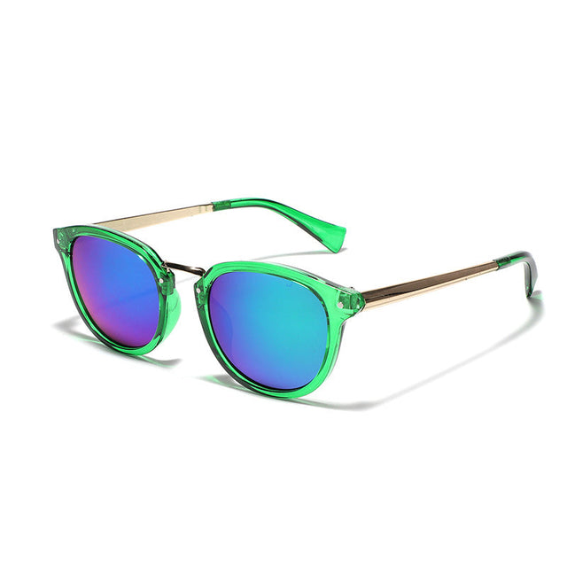 Women's fashion sunglasses with colorful, mirrored lenses and an elegant frame